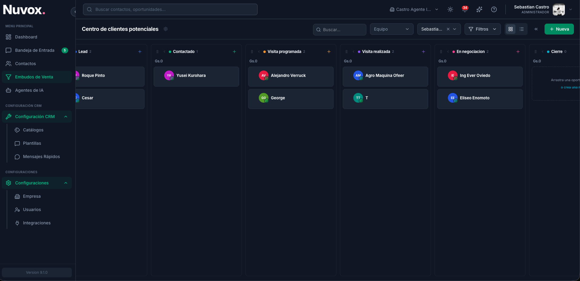 Pipeline CRM de Nuvox - embudo de ventas Kanban